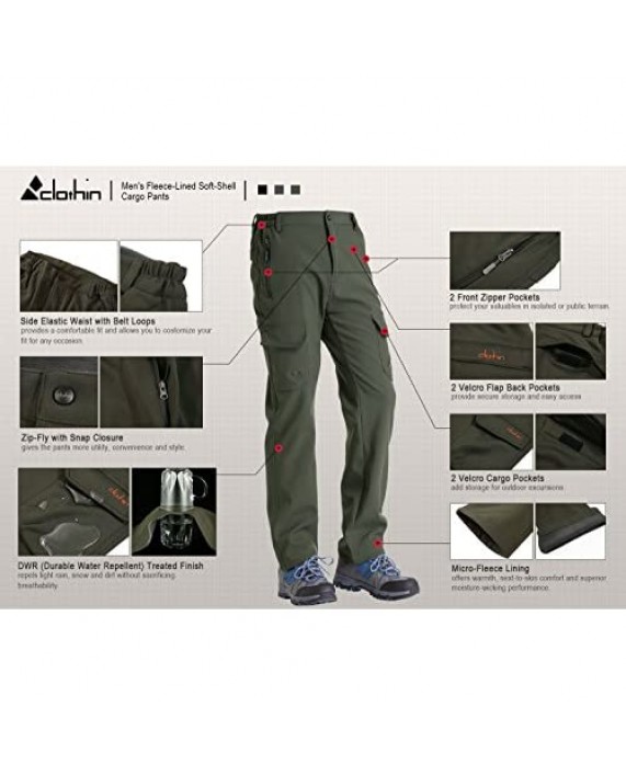 Clothin Men's Softshell Fleece-Lined Cargo Pants - Warm Breathable Water-Repellent Wind-Resistant-Insulated