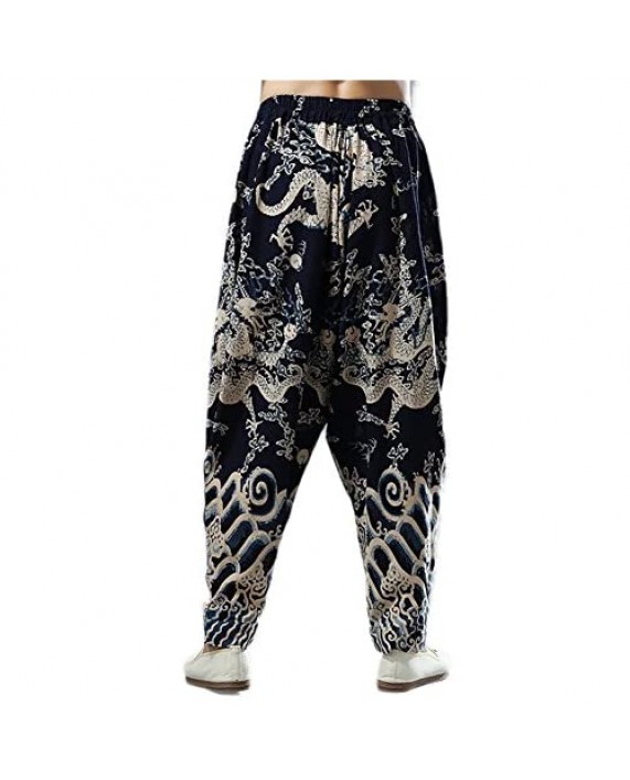 Idopy Men`s Chinese Traditional Dragon Baggy Harem Pants Trousers