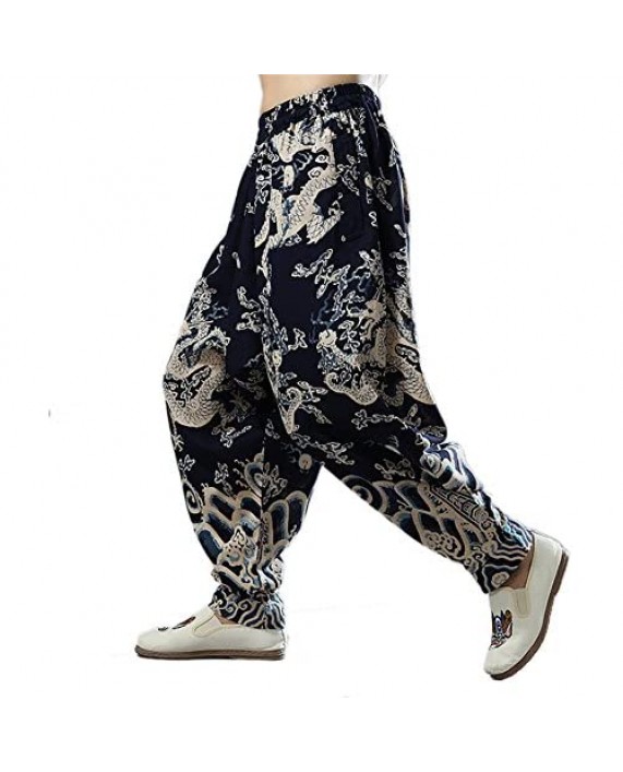 Idopy Men`s Chinese Traditional Dragon Baggy Harem Pants Trousers