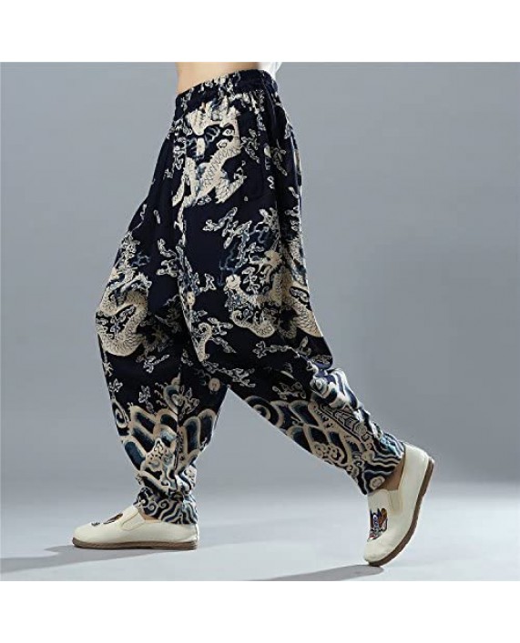 Men's Hippie Drop Crotch Cotton Linen Jogger Pants with Dragon Print Elastic Waist
