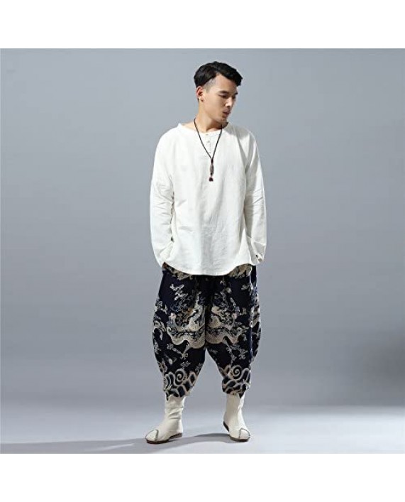 Men's Hippie Drop Crotch Cotton Linen Jogger Pants with Dragon Print Elastic Waist