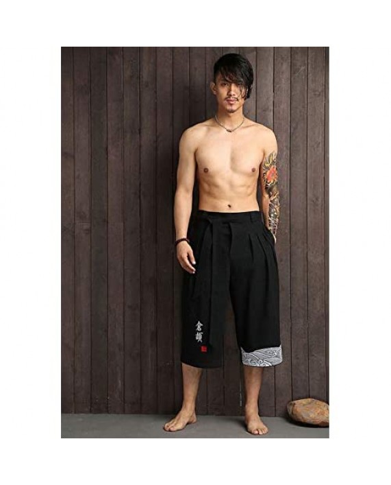 Men's Linen Baggy Capri Pants Harajuku Yoga Joggers 3/4 Shorts Japanese Samurai Kimono