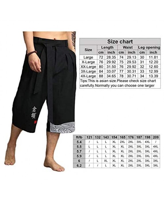 Men's Linen Baggy Capri Pants Harajuku Yoga Joggers 3/4 Shorts Japanese Samurai Kimono