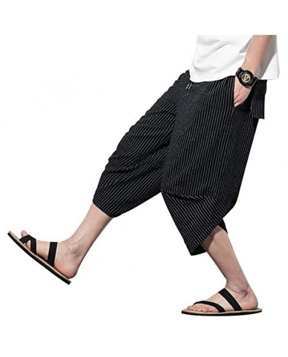 PRIJOUHE Men's Harem Capri Pants Wide Leg Mens Capris Summer Linen Pants