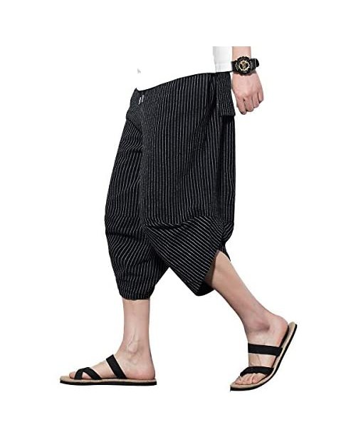 PRIJOUHE Men's Harem Capri Pants Wide Leg Mens Capris Summer Linen Pants