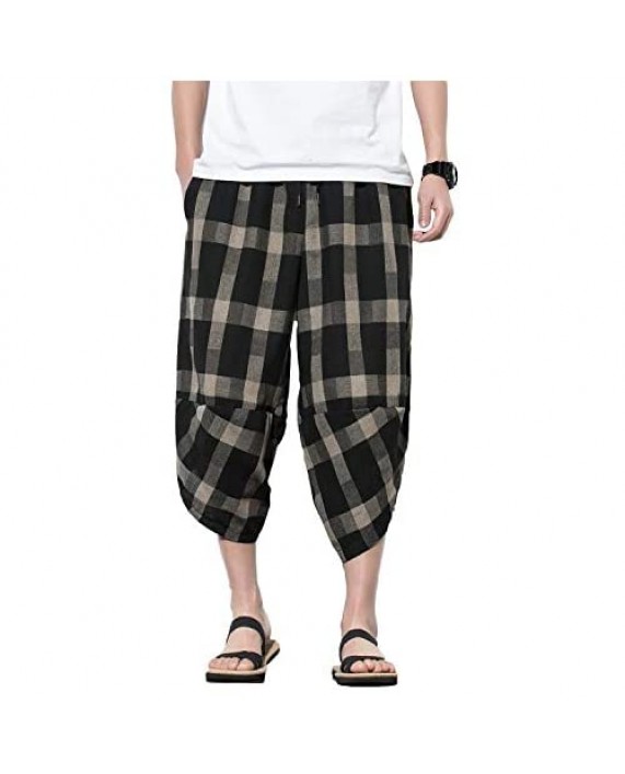 PRIJOUHE Men's Harem Pants Casual Lightweight Elastic Waist Wide Leg Baggy Linen Capri Pants Trousers
