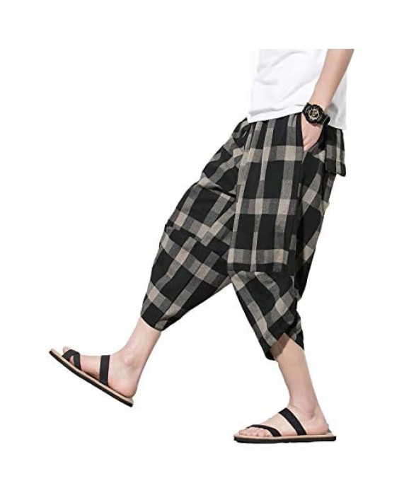 PRIJOUHE Men's Harem Pants Casual Lightweight Elastic Waist Wide Leg Baggy Linen Capri Pants Trousers