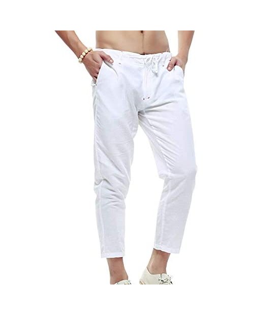 ZHANCHTONG Men's Casual Linen Straight Fit Beach Linen Capri Pants with Drawstring
