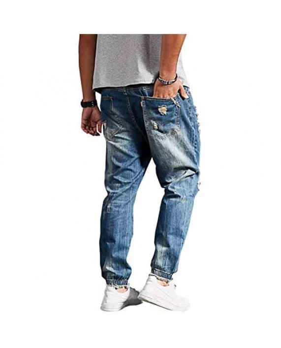 chouyatou Men's Casual Distressed Style Tapered Leg Harem Jogger Jeans Crop Denim Pants