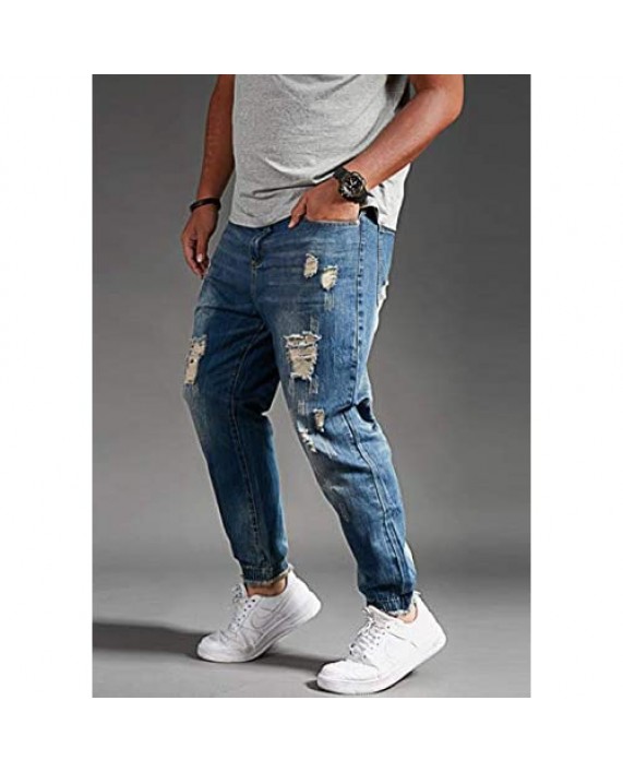 chouyatou Men's Casual Distressed Style Tapered Leg Harem Jogger Jeans Crop Denim Pants