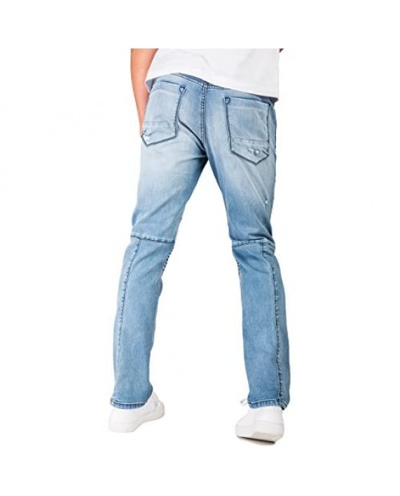 Level 7 Mens Premium Stretch Denim Moto Jeans Blue Slim Tapered Destroyed Repaired