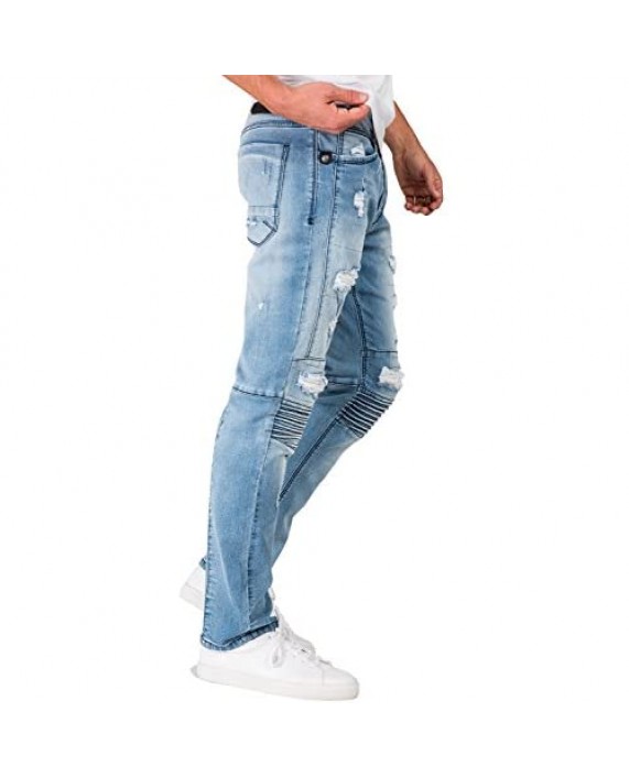 Level 7 Mens Premium Stretch Denim Moto Jeans Blue Slim Tapered Destroyed Repaired