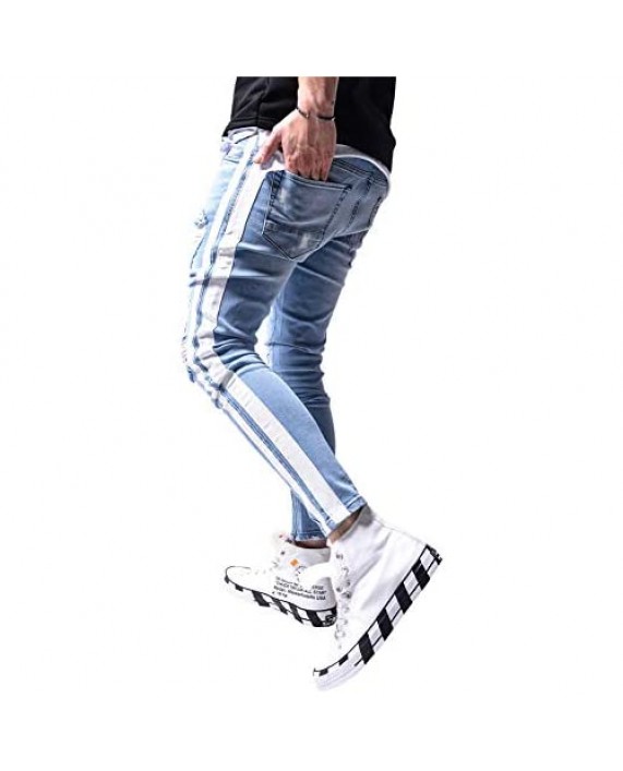 LONGBIDA Men's Slim Fit Skinny Jeans Stretch Destroyed Ripped Side Striped Ankle Zipper Pants