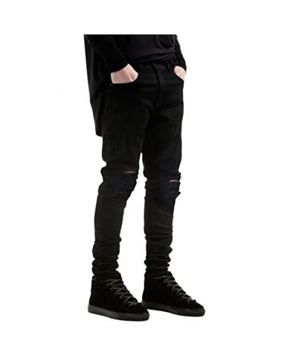 PrettyChic Men's Ripped Jeans Vintage Fitted Stretchy Tapered Leg Destroyed Jeans