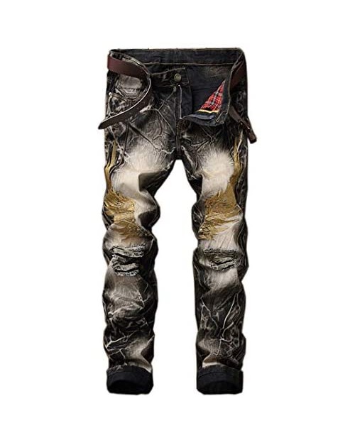 utcoco Men's Moto Distressed Mid Waist Slim Pants Destroyed Ripped Wing-Embroidery Denim Jeans
