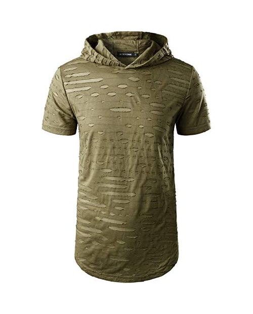 ATRYONE Mens Hip Hop Hipster Hoodie Short Sleeve Solid Color Pullover Scallop Hemline Hole T Shirt