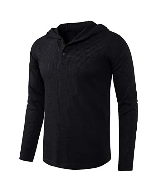 DELCARINO Men's Causal Pullover Hoodie Lightweight Solid Color Hooded Sweatshirt Tops Long Sleeve Waffle-Knit Henley Shirt