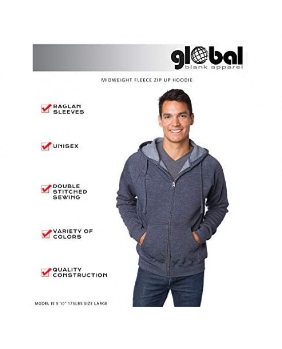 Global Blank Super Soft Fleece Sweatshirt Zip Up Hoodie Men and Women