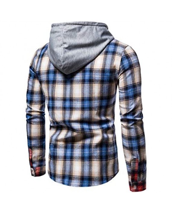 Men Hooded Plaid Shirts Button Splice Sweatshirt Long Sleeve Lattice Tops