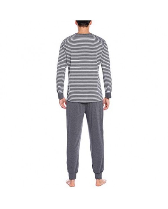 Aibrou Men's Cotton Striped Pajamas Set Long Sleeve Shirt and Pants Pjs Sleepwear Lounge Set