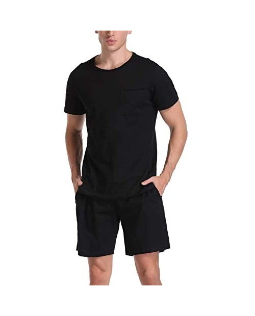 Aibrou Men’s Pajama Set Cotton Loungewear Sleep Set Raw-Cut Style Short Sleeve Tops and Shorts