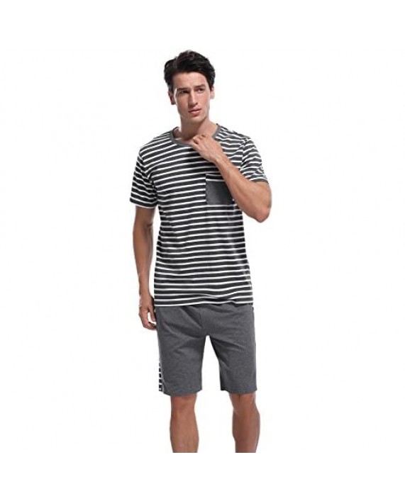 Aibrou Men's Summer Sleepwear Short Sleeve Striped Cotton Shorts and Top Pajama Set