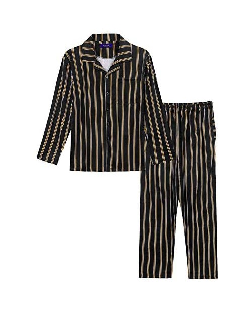 Arblove Men Stripe Pajama Cotton Long Sleeve Loungewear Top & Bottom Pjs Nightwear
