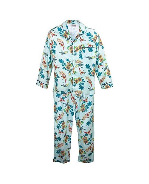 Batman & Robin Mens Aqua Blue Retro Surfs Up Flannel Pajamas Sleep Set