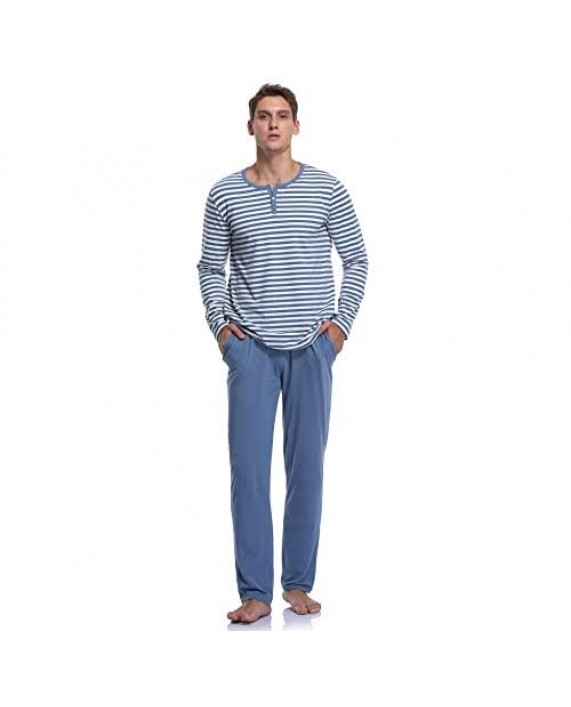 COLORFULLEAF Men's Cotton Pajama Set Lightweight Long Sleeve Henley Top & Pajamas Pants Sleepwear Lounge Set
