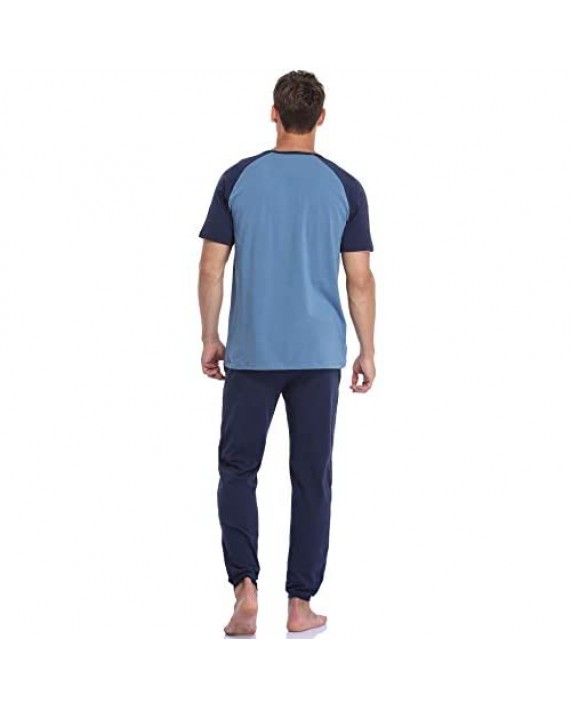 COLORFULLEAF Men's Raglan Pajamas Set Cotton Sleepwear Soft Sleep Set Short Sleeve Top & Jogger Pants