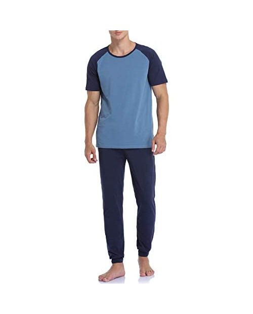 COLORFULLEAF Men's Raglan Pajamas Set Cotton Sleepwear Soft Sleep Set Short Sleeve Top & Jogger Pants