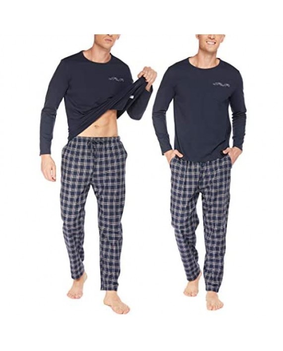 Ekouaer Mens Pajama Set with Plaid Pants Comfy Long Sleeve Sleepwear Pjs Set with Pockets Loose Loungewear S-XXL