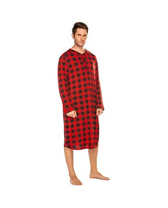Ekouaer Sleepwear Mens Nightshirt Big & Tall Plaid Sleep Shirt Lightweight Henley Pajamas Shirt