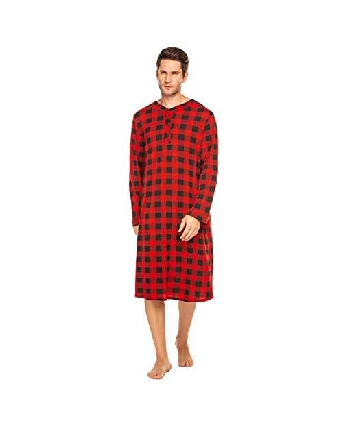 Ekouaer Sleepwear Mens Nightshirt Big & Tall Plaid Sleep Shirt Lightweight Henley Pajamas Shirt