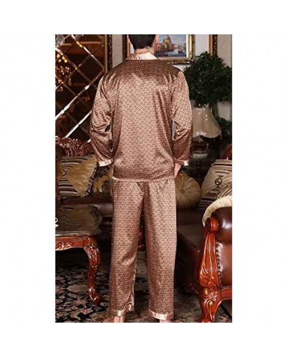 FEOYA Mens Luxury Sleepwear Silk Pajamas Set Soft Terylene Long Sleeve Loungewear Set