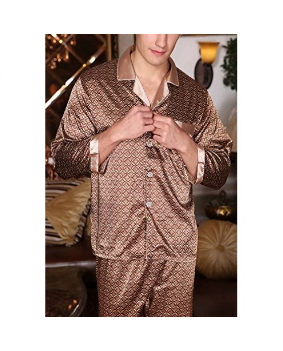 FEOYA Mens Luxury Sleepwear Silk Pajamas Set Soft Terylene Long Sleeve Loungewear Set