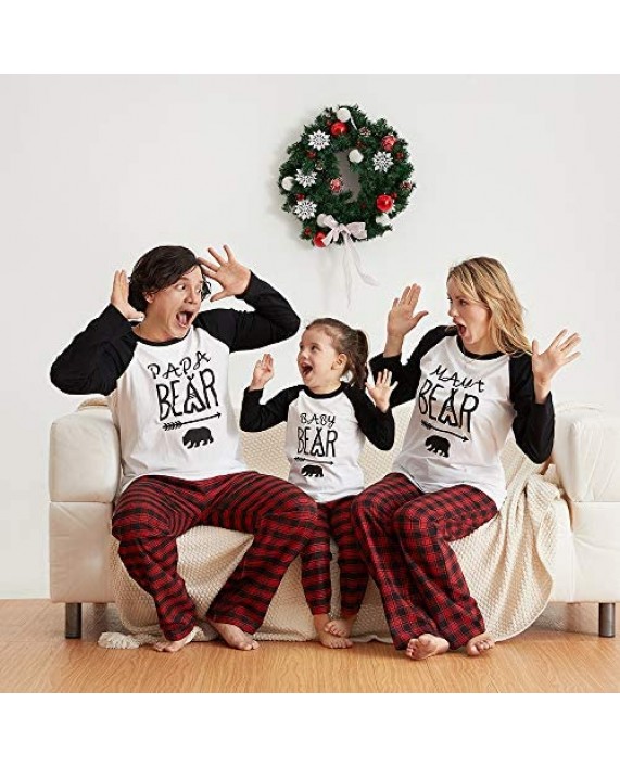 IFFEI Matching Family Pajamas Sets Christmas PJ's with Bear Printed Tee and Plaid Pants Loungewear