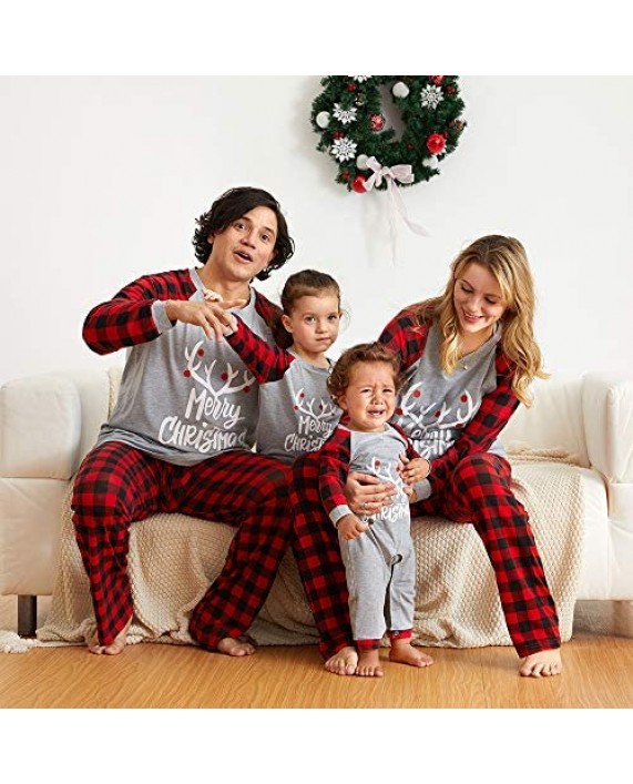 IFFEI Matching Family Pajamas Sets Christmas PJ's with Letter and Plaid Printed Long Sleeve Tee and Pants Loungewear