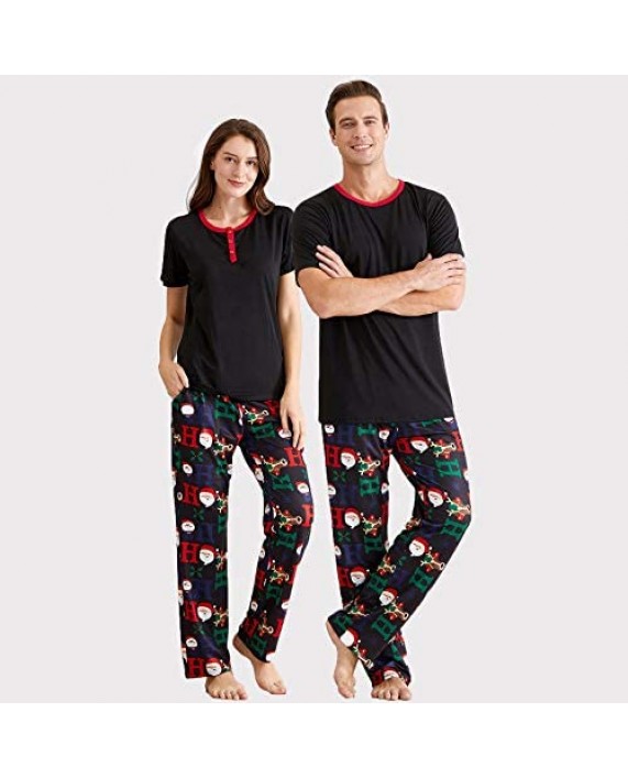 IFFEI Matching Family Pajamas Sets Christmas PJ's with Short Sleeve Black Tee and HOHOHO Print Pants Loungewear