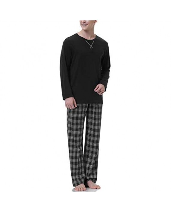 Irevial Men's Cotton Pajamas Sets Long Sleeve Crew Neck Soft Lounge Sleepwear