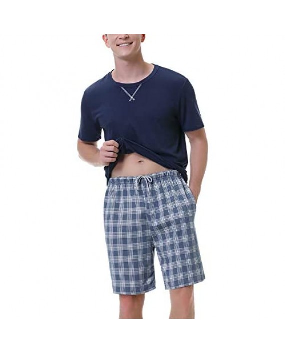 Irevial Men's Cotton Pajamas Sets Shorts Sleeve Crew Neck Soft Lounge Sleepwear