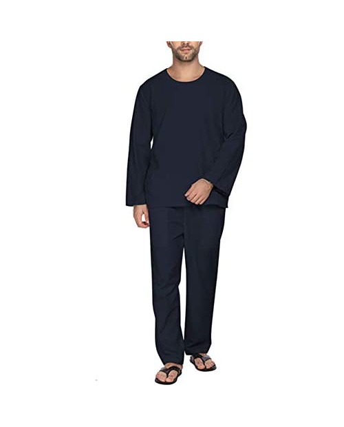 JINIDU Men 2 Pieces Casual Hippie Cotton Linen Yoga Shirt and Pant Pajamas Set