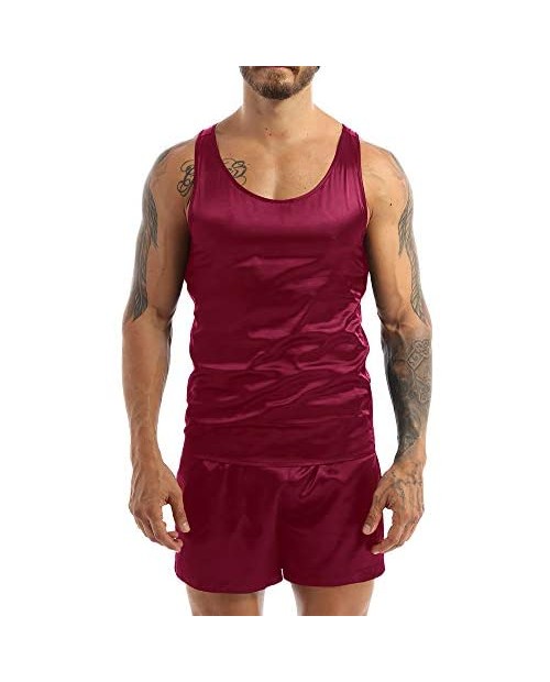 Lejafay Men's Silk Satin Sleeveless Pajama Set Racerback Sleepwear Lounge Nightwear Tops and Shorts