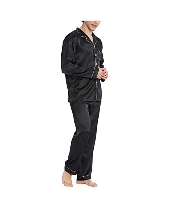Men＆Women Satin Pajamas Set Lightweight Long Sleeve Button Down Elastic Waist Loose fit Nightwear Soft Pj Free Eye Mask