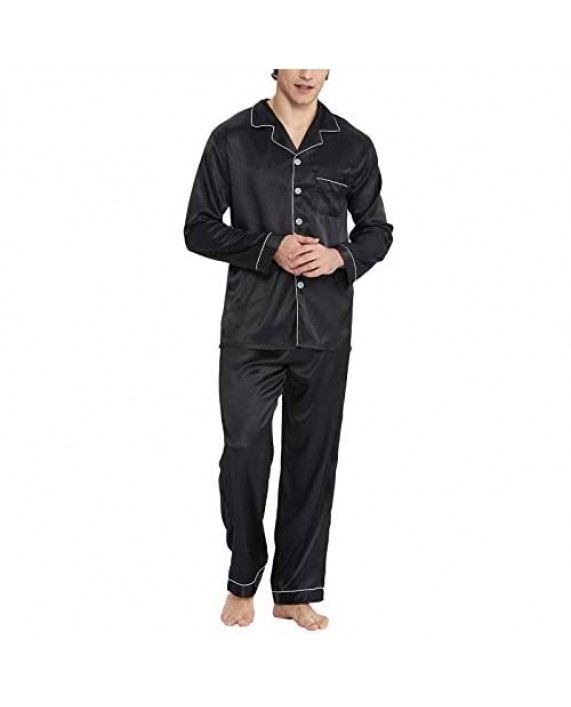 Men＆Women Satin Pajamas Set Lightweight Long Sleeve Button Down Elastic Waist Loose fit Nightwear Soft Pj Free Eye Mask