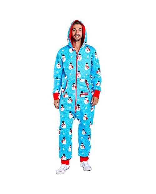 Men's Cozy Christmas Onesie Pajamas - Blue Chilly Snowman Holiday Adult Cozy Jumpsuit