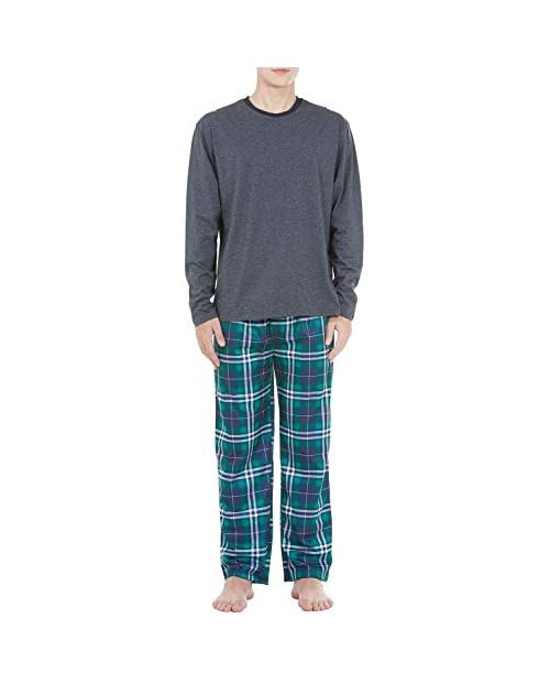 Mens Pajama Set Long Sleeve Blue Plaid Button-Down Top and Bottom Casual Sleepwear with Pocket