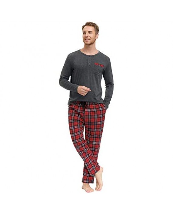 Men's Pajama Sets Long Sleeves Tops and Plaid Woven Pants Sleepwear Gift Set