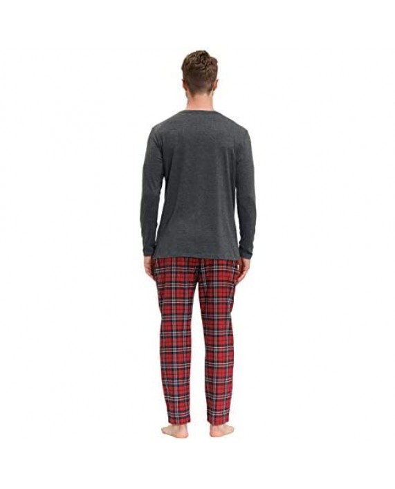 Men's Pajama Sets Long Sleeves Tops and Plaid Woven Pants Sleepwear Gift Set