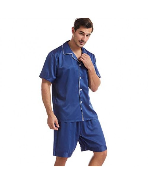 Mens Satin Pajamas Set Silky Sleepwear Loungewear Short Sleeve Pajama Set with Shorts